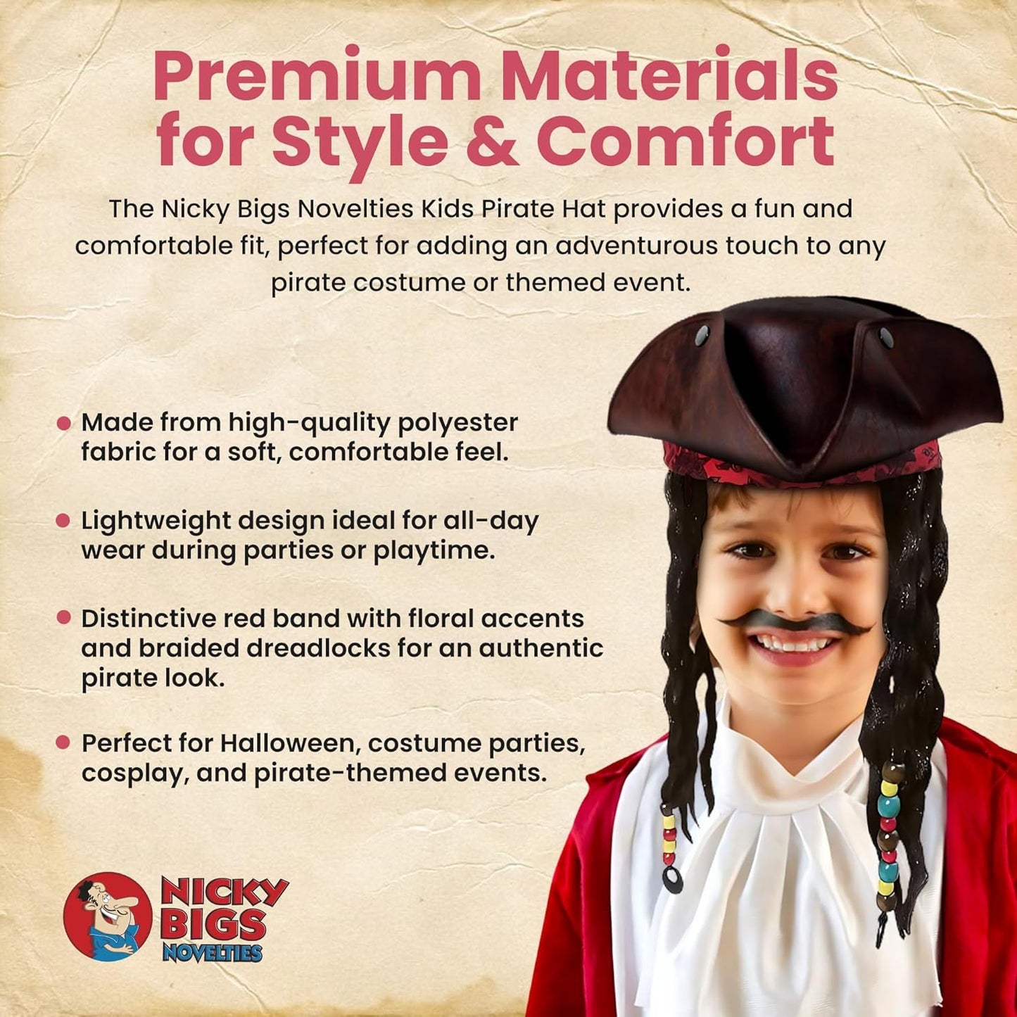 Nicky Bigs Novelties - Kids Pirate Hat with Dreadlocks and Red Band with Floral Filigree - Buccaneer Wig for Girls and Boys Costume, Caribbean Pirate Tricorn Hat Accessory, Brown