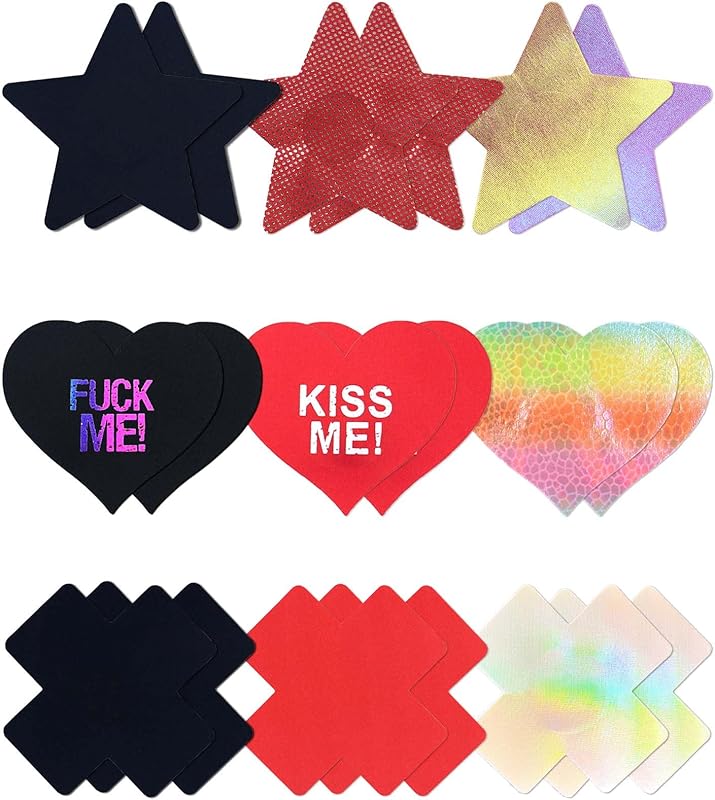 Pasties Sexy Nipple Covers 9 Pack Fun Pasty Pack for Rave Party Goth Lingerie Heart X Breast Petals with Words