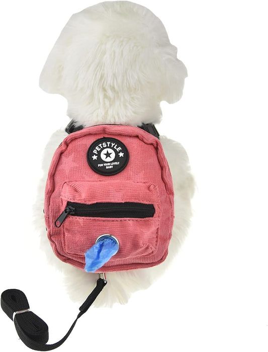 FLAdorepet Dog Backpack Harness with Leash, Dog Poop Bag Dispenser, Pet Self Carrier Adjustable Travel Hiking Walking Harness Backpack for Small Medium Dogs (L(Fit:10-15lb), Pink)