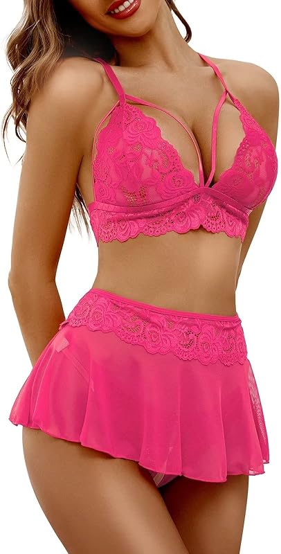 PITINAN Sexy Lingerie for Women Naughty 3 Piece Lace Bralette, Mini Skirt with G-String Crotchless Teddy Lingerie Set
