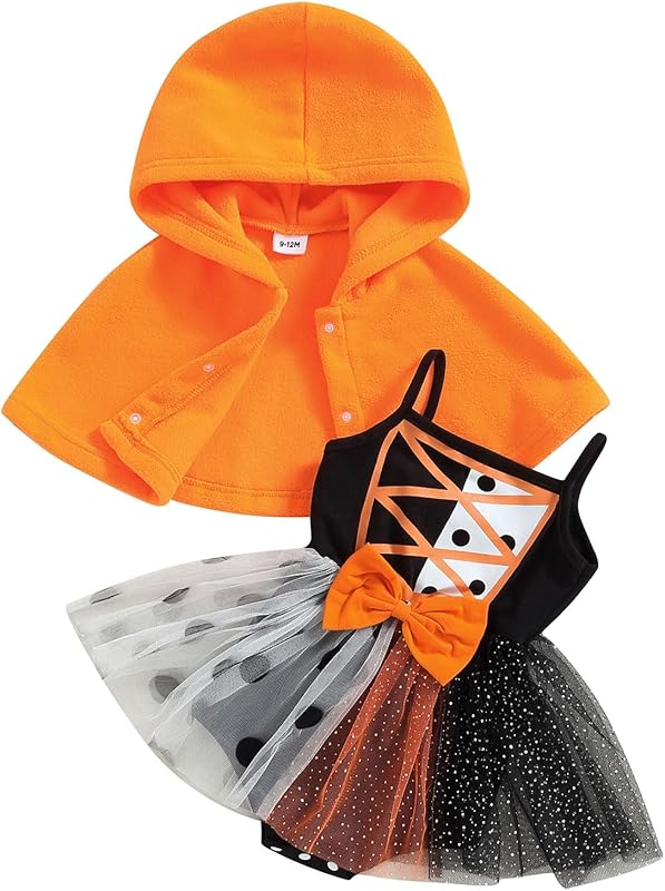 Yccutest Newborn Baby Girl Halloween Outfits 2Pcs Straps Tutu Romper Dress Halloween Cloak Coat Infant Pumpkin Witch Costume