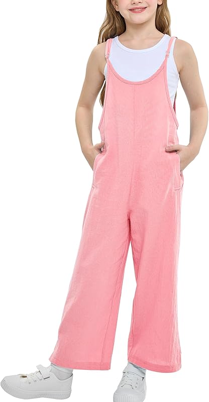 Rolanko Girls Jumpsuit Adjustable Spaghetti Strap Loose Overalls Rompers, Cotton Baggy Plain Playsuits with Pockets for Age 5-12 Years