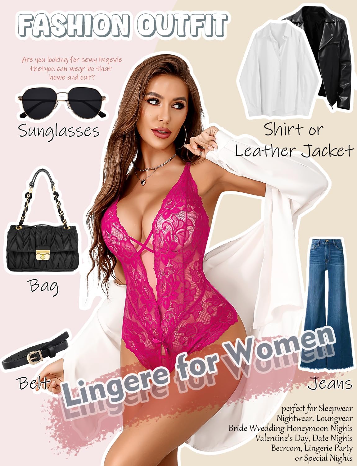 Aranmei Sexy Lingerie for Women Lace Teddy Bodysuit Deep V Cut Out Matching Panty Underwear