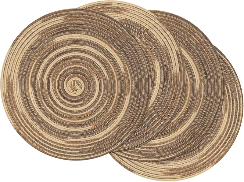 SHACOS Round Braided Placemats Set of 4 Round Table Mats for Dining Tables 15 inch Washable Kitchen Table Place Mats Indoor (Beige, 4)