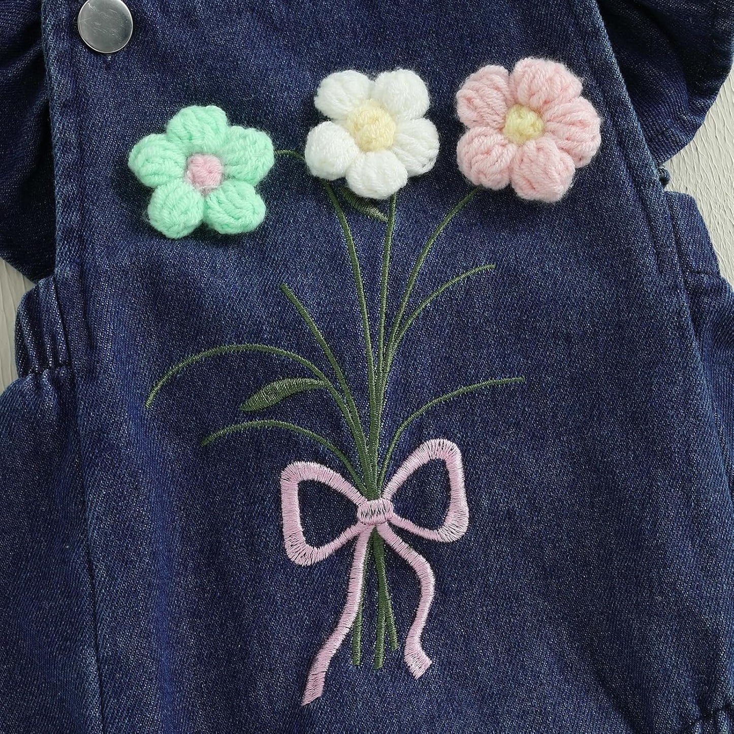 Newborn Baby Girl Romper Ruffle Fly Sleeve 3D Flower Embroidery Denim Jeans Bodysuit Heandband Summer Outfit Clothes