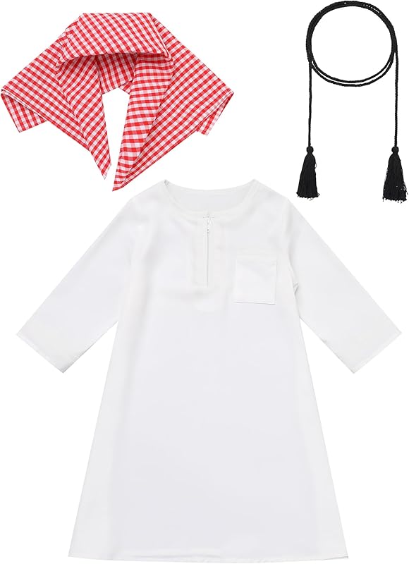 IDOPIP Muslim Baby Boys Prayer Clothes Kaftan Thobe Arabic Islamic Abaya Dubai Robe with Head Scarf + Rope Ramadan Eid Outfit