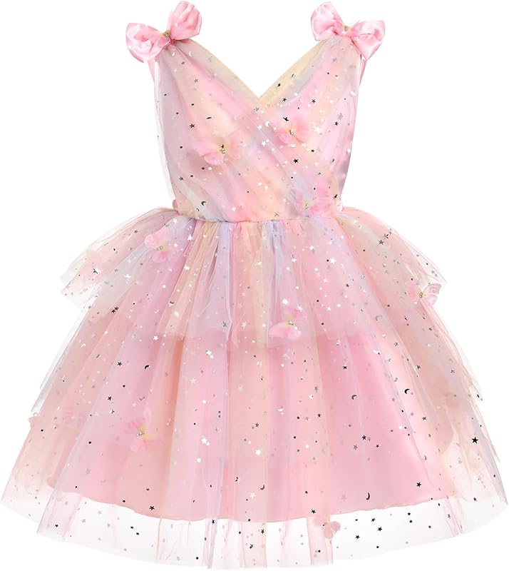 IMEKIS Toddler Girls Butterfly Birthday Dress Rainbow Tulle Formal Wedding Party Ruffle Tutu Dresses Photo Shoot