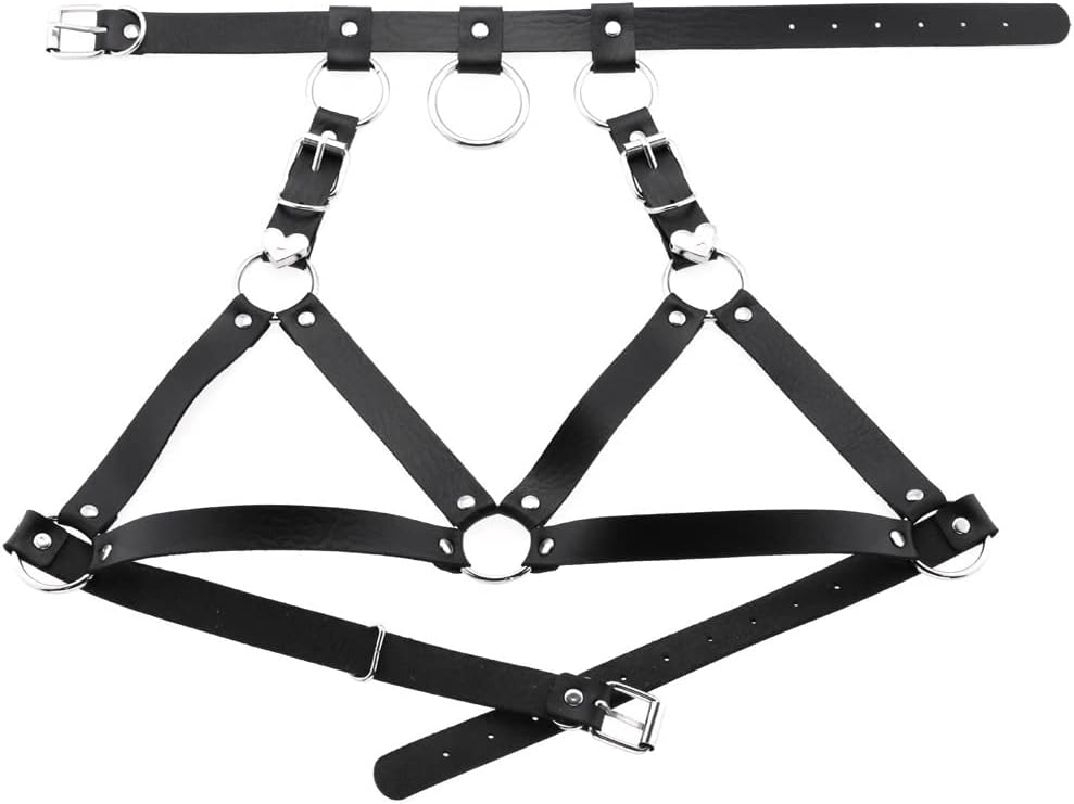 Leather Chest Straps Harness Body Chain Heart Harajuku Punk Caged Bra Waist Belts with Choker Collar for Women Rave Outfits