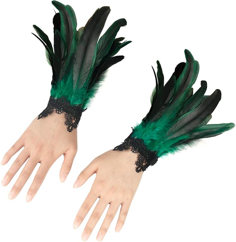 Black Lace Feather Gloves Cuffs for Women Cosplay Costume Accessories with Swan Wrist Bands