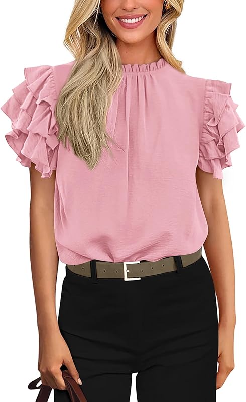 KIRUNDO Womens Blouse 2025 Spring Summer Dressy Casual Ruffle Short Sleeve Frill Mock Neck Work Shirt Tops Fashion Clothing