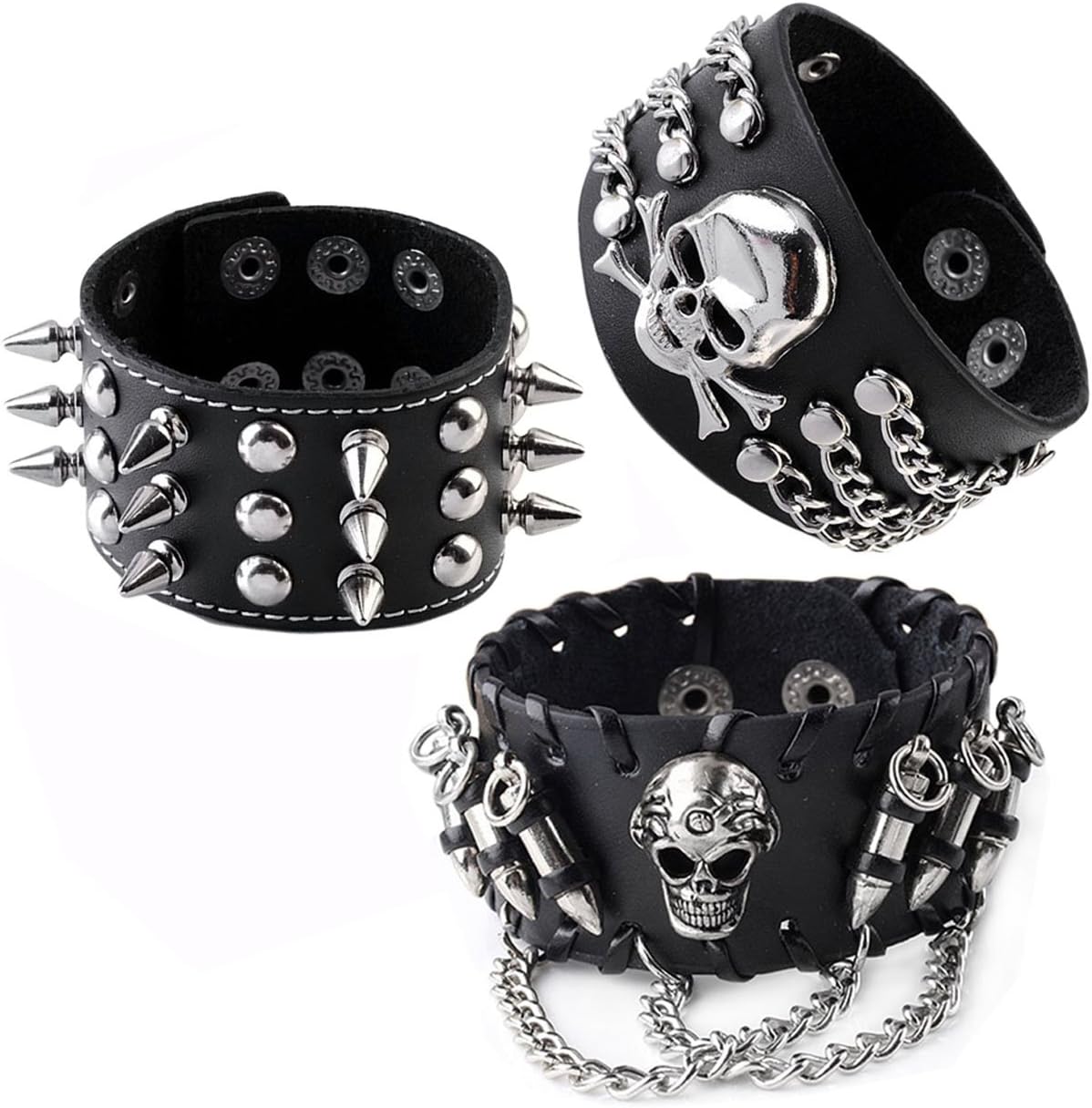 JOVIVI 3pcs Spike Studded Rivets Punk Rock Biker Wide Strap Genuine Leather Bracelets Necklace Chain Wristband Adjustable