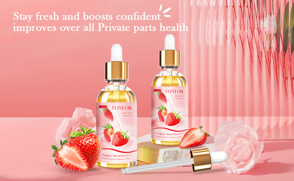 2 Packs Yoni Oil for Women - Strawberry Fresh Feminine Care Oil - All Natural Vaginal Oil Essential Oils, Reduces Odor, Restores pH Balance and Wetness, 1 fl oz/pc