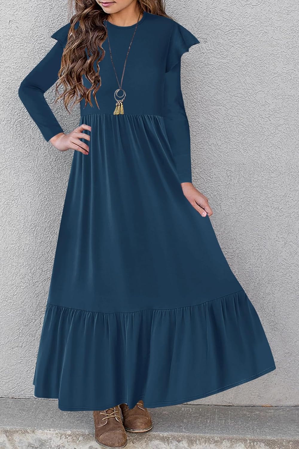 HOSIKA Girls Fall Ruffle Long Sleeve Crew Neck Loose Casual Flowy Tiered Maxi Dress with Pockets for 6-12 Y