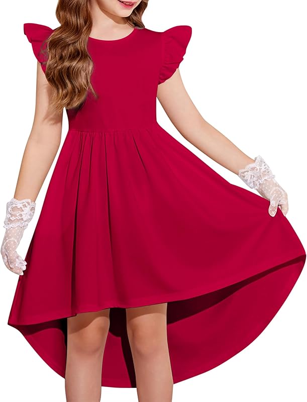 Arshiner Girls Summer Dress Tween Flutter Sleeve High Low Formal Dresses for Wedding Party with Pocket