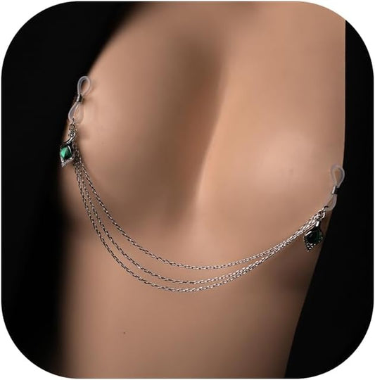 Sexy Green Crystal Pendant Non Piercing Nipple Chain Jewelry for Women Layered Drop Chest Chain Jewelry Festival Rave Nipple Accessories Jewelry