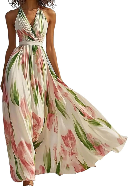 Women Summer Elegant Floral Print Sexy Halter V Neck Sleeveless Belt A-Line Ruffle Hem Wedding Club Maxi Dress