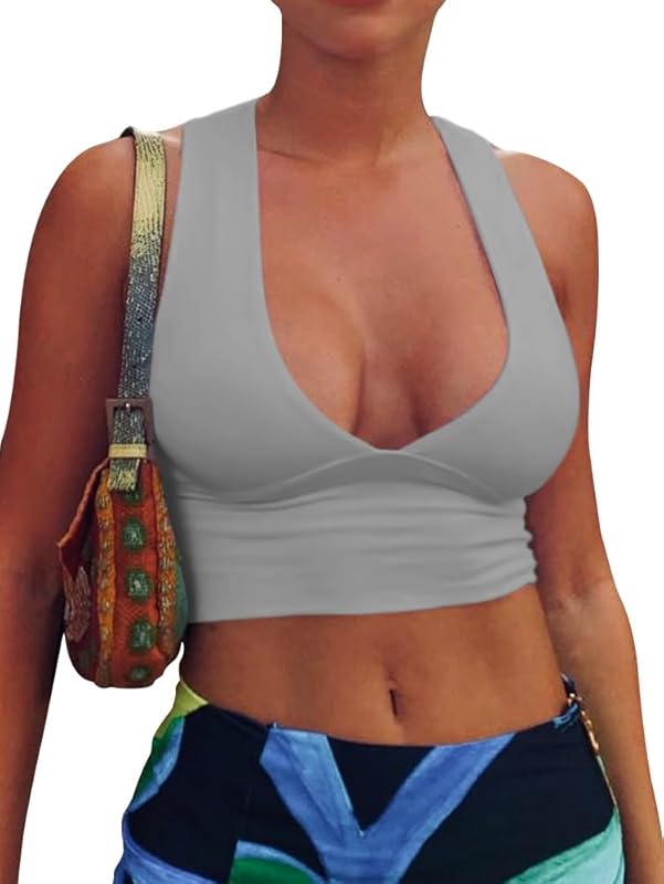 AEPEBO Sexy Crop Tops for Women Deep V Neck Back Cutout Sleeveless Plunge Racerback Tank Cropped Top