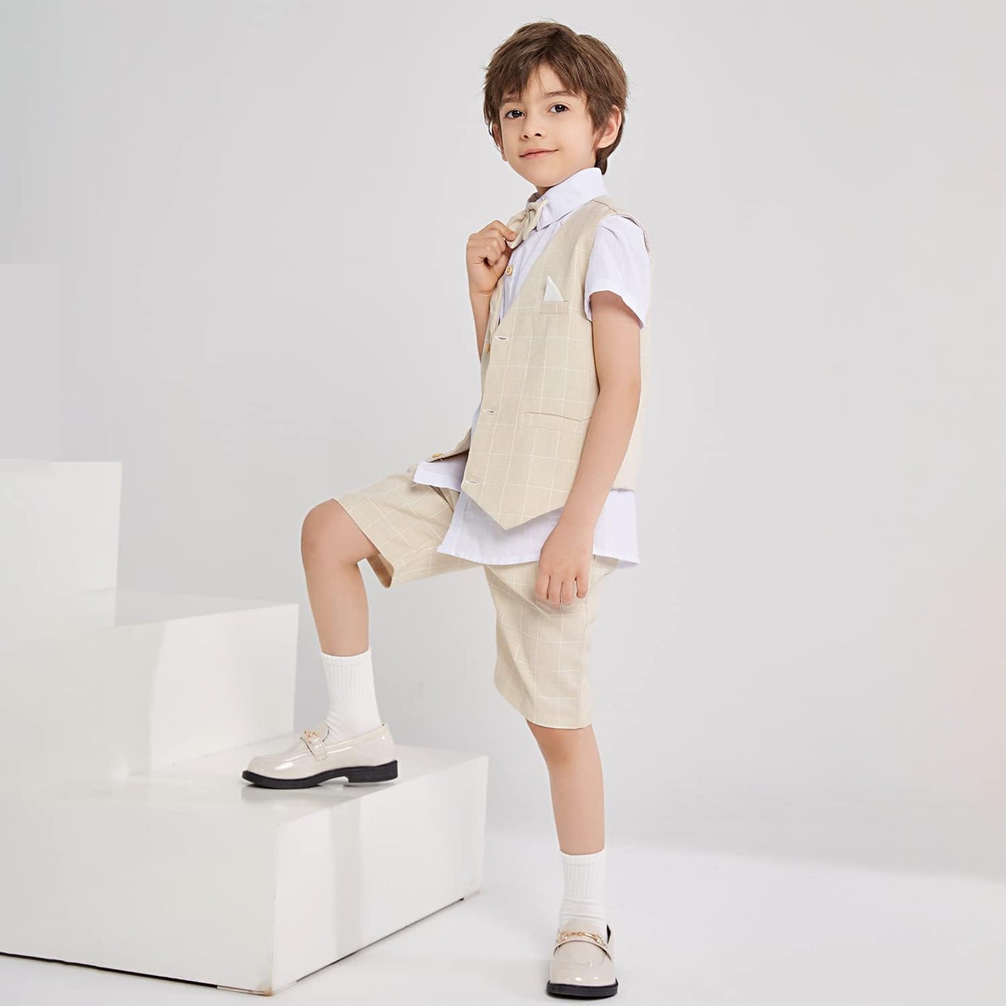 Summer Boys Suit Dress Clothes Kids Wedding Ring Bearer Outfit 4Pcs Shirt Vest Shorts Set