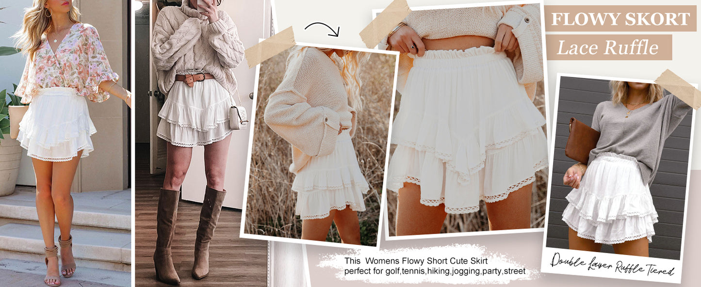 Caracilia Mini Skirts for Women Summer Casual Boho Crochet Ruffle Flowy Skirt Built in Shorts 2025 Fashion Trendy Skorts