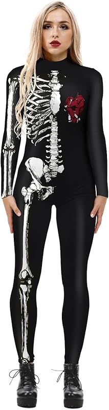 JJEUWE Women's Skeleton Halloween Bodysuit Costume Stretch Skinny Catsuit Jumpsuit
