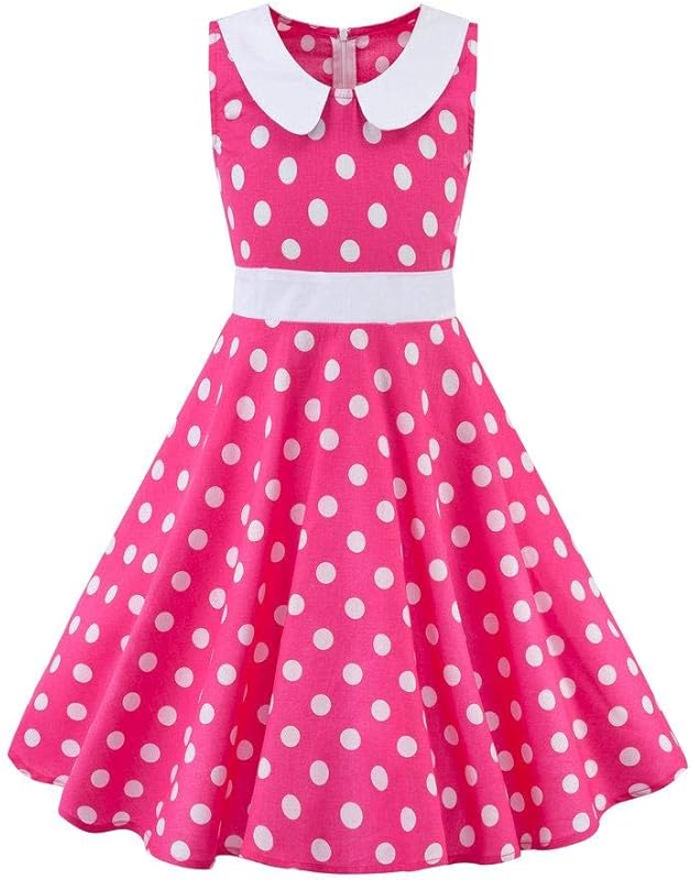 Kids Girls 50s Audrey Vintage Polka Dot Swing Party Rockabilly Dress Retro Peter Pan Doll Collar Wedding Casual Skater Dress