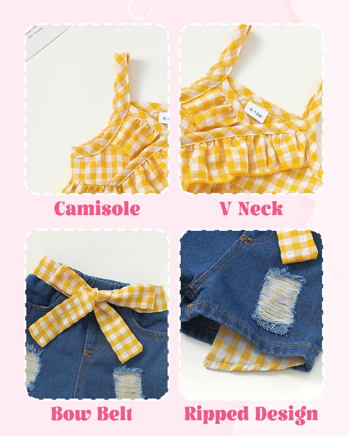 Kucnuzki Baby Girl Clothes Toddler Girl Summer Two Piece Outfit Kids Ruffle Sleeveless Plaid Tops Denim Jeans Shorts Set