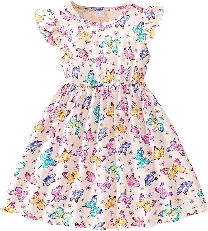 Toddler Little Girls Casual Dresses Short Sleeve Crew Neck Graphic Cartoon Dress for 2-8 Years