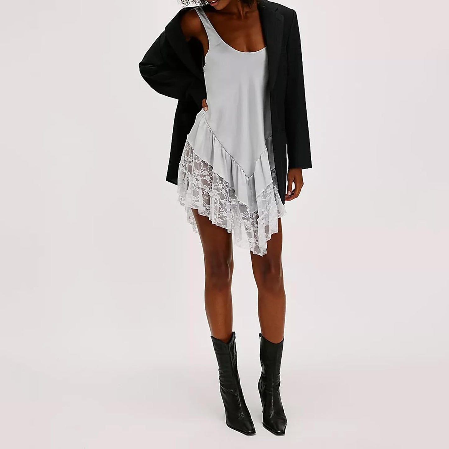 Women's Lace Flowy Mini Dress Y2k Sleevelss Backless Slip Dress Drop Waist Short Tunic Dress Lingerie Nightgown
