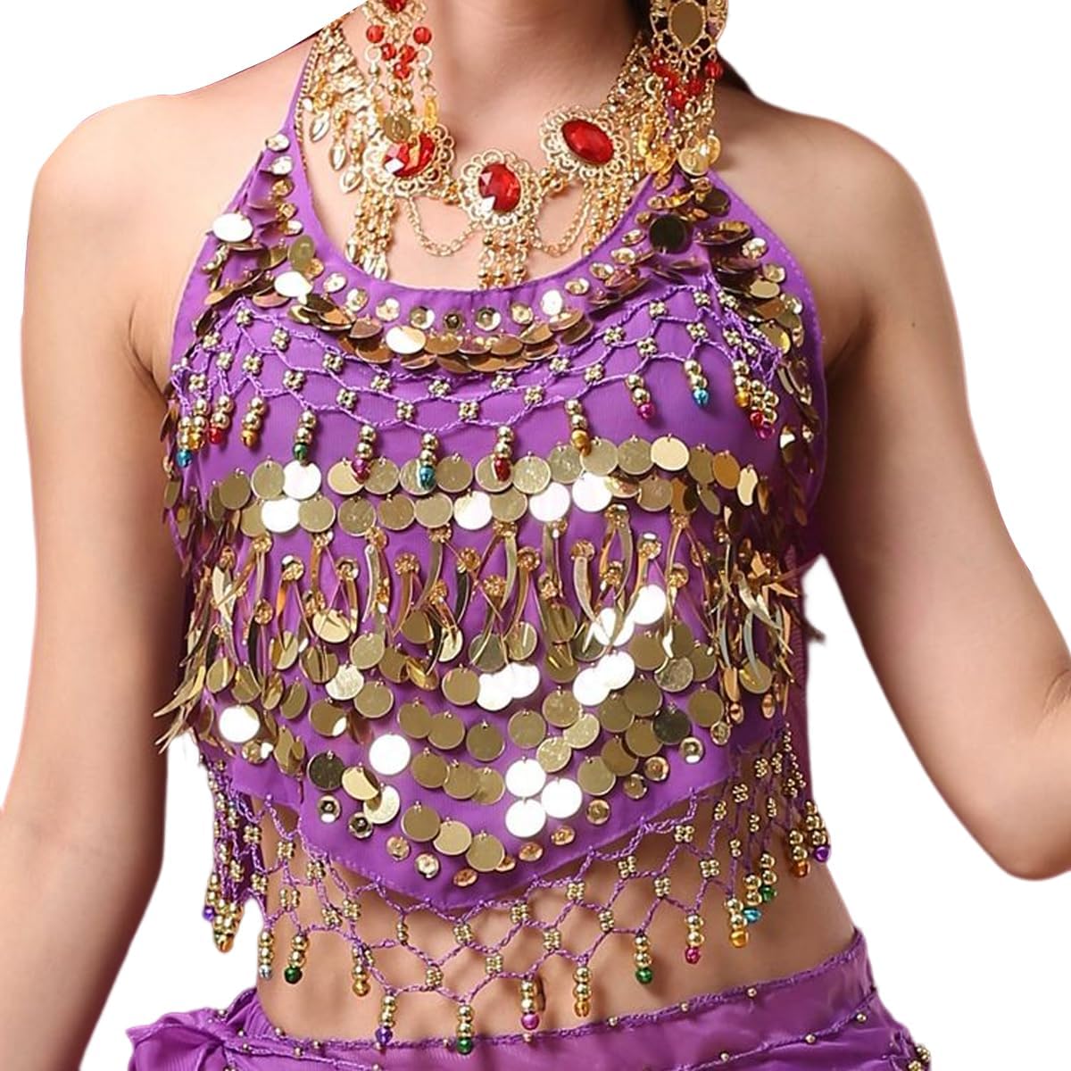 Women's Halter Neck Bra for Belly Dance, Backless Padded Camisole Halter Crop, Sequins Belly Dance Crop Top