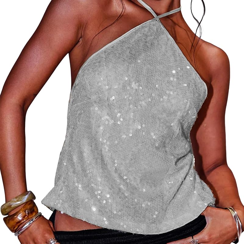 Women Y2K Sequin Cami Top Sexy Sparkly V Neck Tank Top Backless Glitter Crop Tops Floral Rhinestone Clubwear