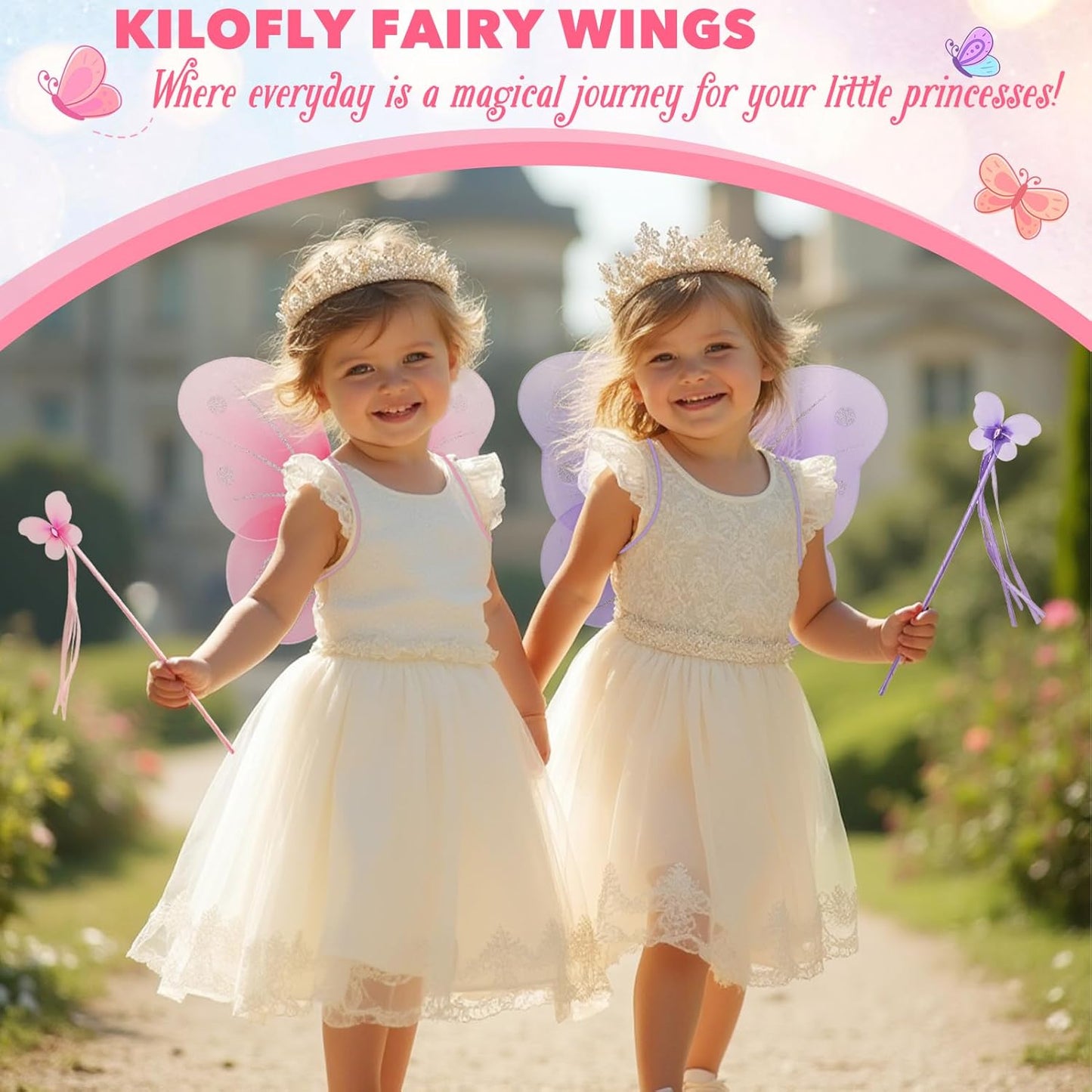 kilofly 6 Sets Angel Butterfly Wings Fairy Wands Princess Dress Up Costume