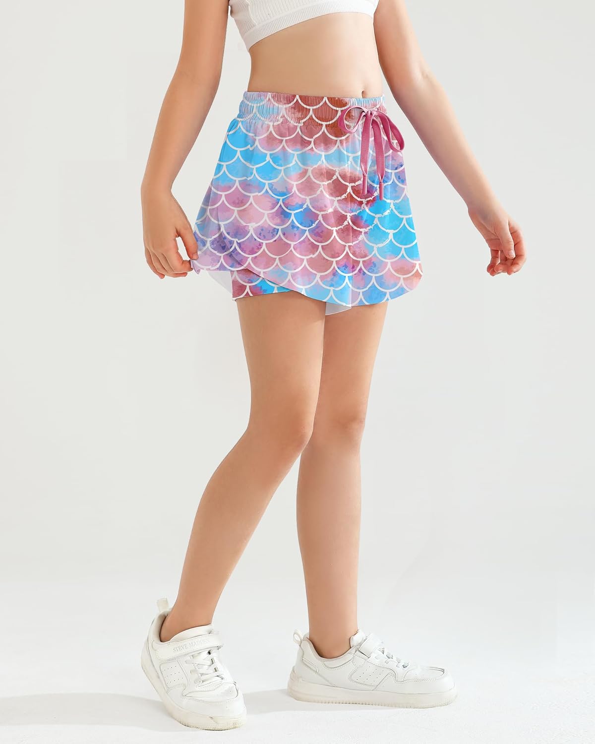 Girls Flowy Athletic Shorts with Pocket Kids Spandex 2 in 1 Drawstring Butterfly Skorts for Cheer, Dance, Running