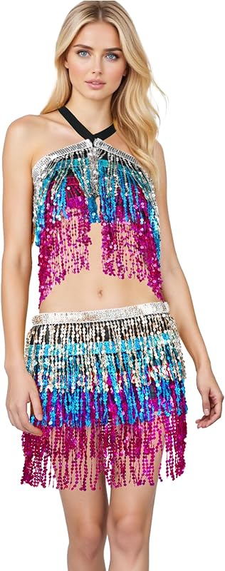 Sequin Skirts for Women (Waist/Bust Under 31.5"), Sparkly Skirts for Girls 2 Piece Set, Tassel Skirt for Kids, 2Pack