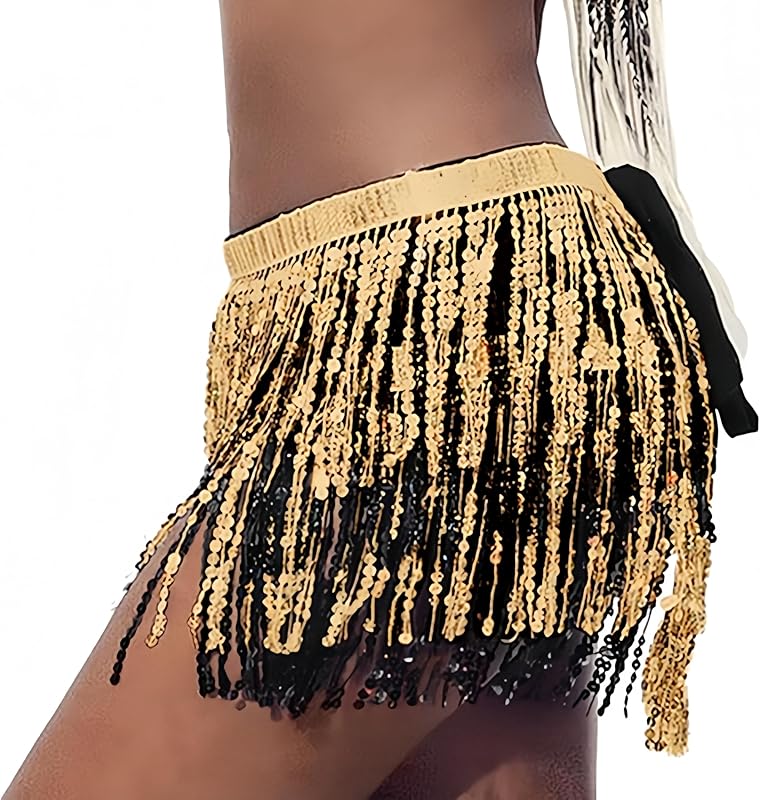 MUNAFIE Sequin Tassel Hip Scarf Sequin Tassel Skirts Rave Fringe Hip Scarf for Festival Belly Dance Skirt