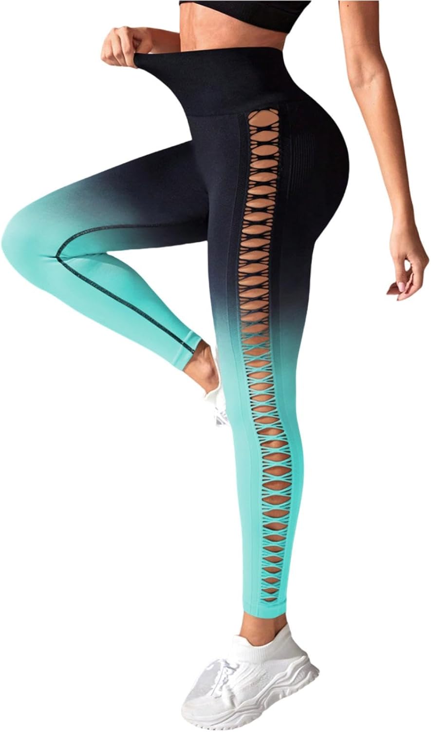 Gradient High Waist Side Mesh Yoga Leggings Women's Running Fitness Hip Tight Sports Yoga Pants