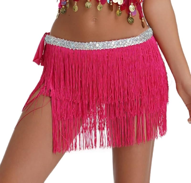 Women Belly Dance Skirt Tassel Fringe Skirts Sparkly Sequin Hip Scarf Party Costume