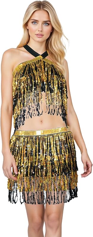 Sequin Skirts for Women (Waist/Bust Under 31.5"), Sparkly Skirts for Girls 2 Piece Set, Tassel Skirt for Kids, 2Pack
