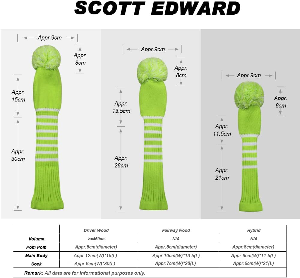 Scott Edward Golf Headcovers for Woods Set of 3 Fits Well Driver(460cc) Fairway Wood and Hybrid(UT) The Perfect Change for Golf Bag Classic Striped Style