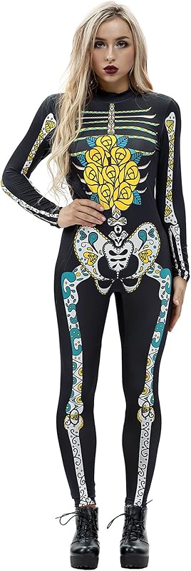 JJEUWE Women's Skeleton Halloween Bodysuit Costume Stretch Skinny Catsuit Jumpsuit