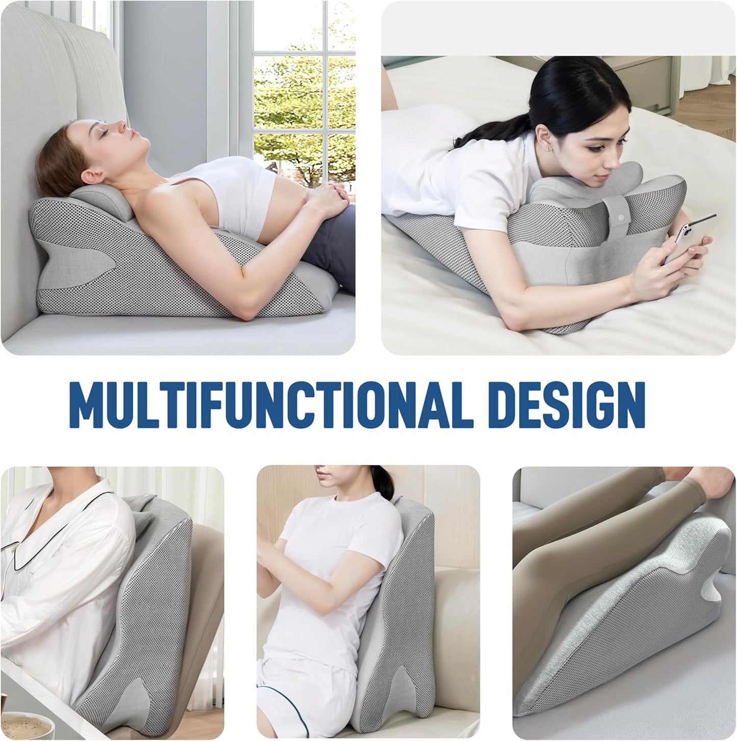 Daneey Reading Pillow for Bed Adult, Back Pillow for Bed Sitting Up, Back Support Pillow with Adjustable Headrest，Memory Foam Pillows for Abdomen, Lumbar, Back, Gray, 14.6 * 10 * 24IN
