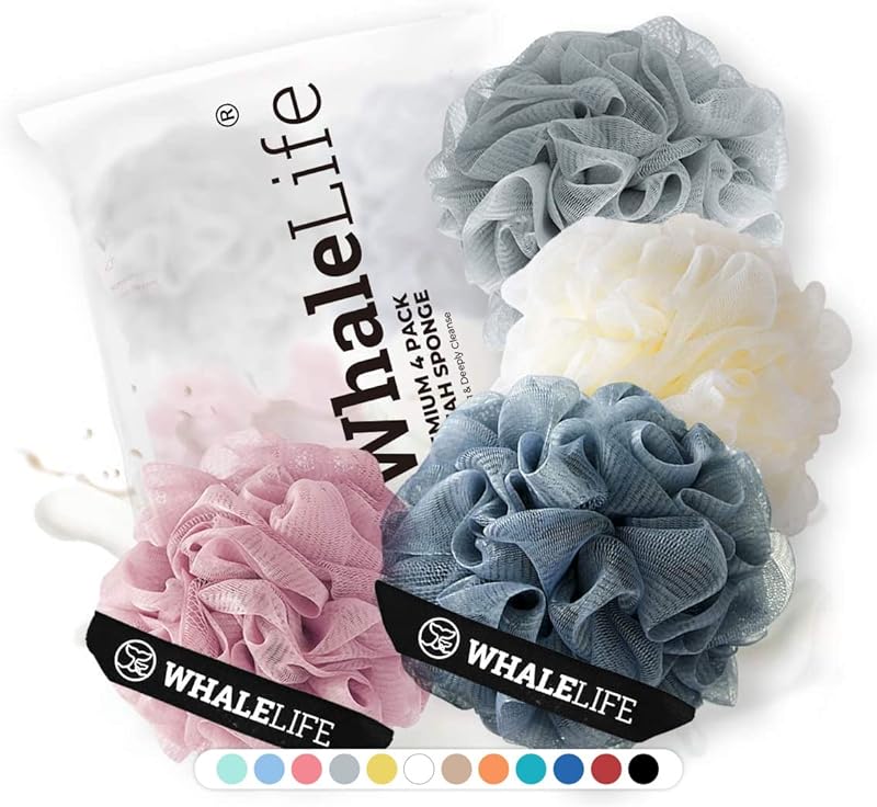 Loofah Sponge Bath Sponge for Women Men 4 Pack (Purple Brown Green Blue)