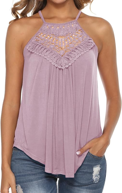 Bluetime Halter Tops for Women Sexy Sleeveless Lace Crochet Dressy Flowy Tank Top Cute Summer Shirts