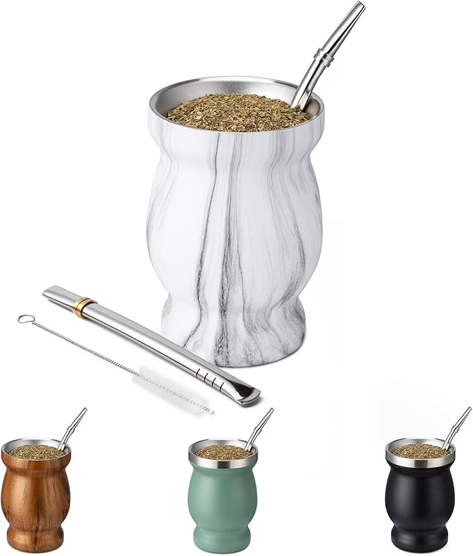 8oz Yerba Mate Cup, 304 Stainless Steel Double-Wall Mate Cup, Heat Insulation Yerba Mate Gourd, Tea Cup Set Includes Cleaning Brush & 2 Bombillas (Black)
