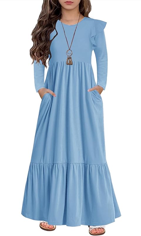 HOSIKA Girls Fall Ruffle Long Sleeve Crew Neck Loose Casual Flowy Tiered Maxi Dress with Pockets for 6-12 Y