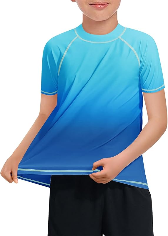 Haloumoning Boys Gradient Rash Guard Swim Shirt Short Sleeve UPF+ 50 Sun Shirts for Kids Rashguard Water Shirts