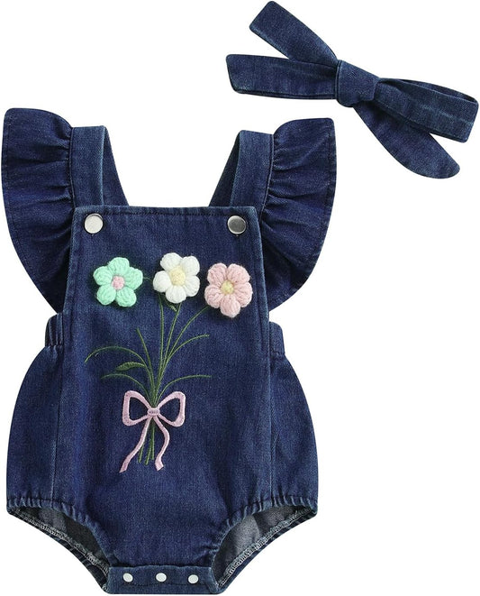Newborn Baby Girl Romper Ruffle Fly Sleeve 3D Flower Embroidery Denim Jeans Bodysuit Heandband Summer Outfit Clothes