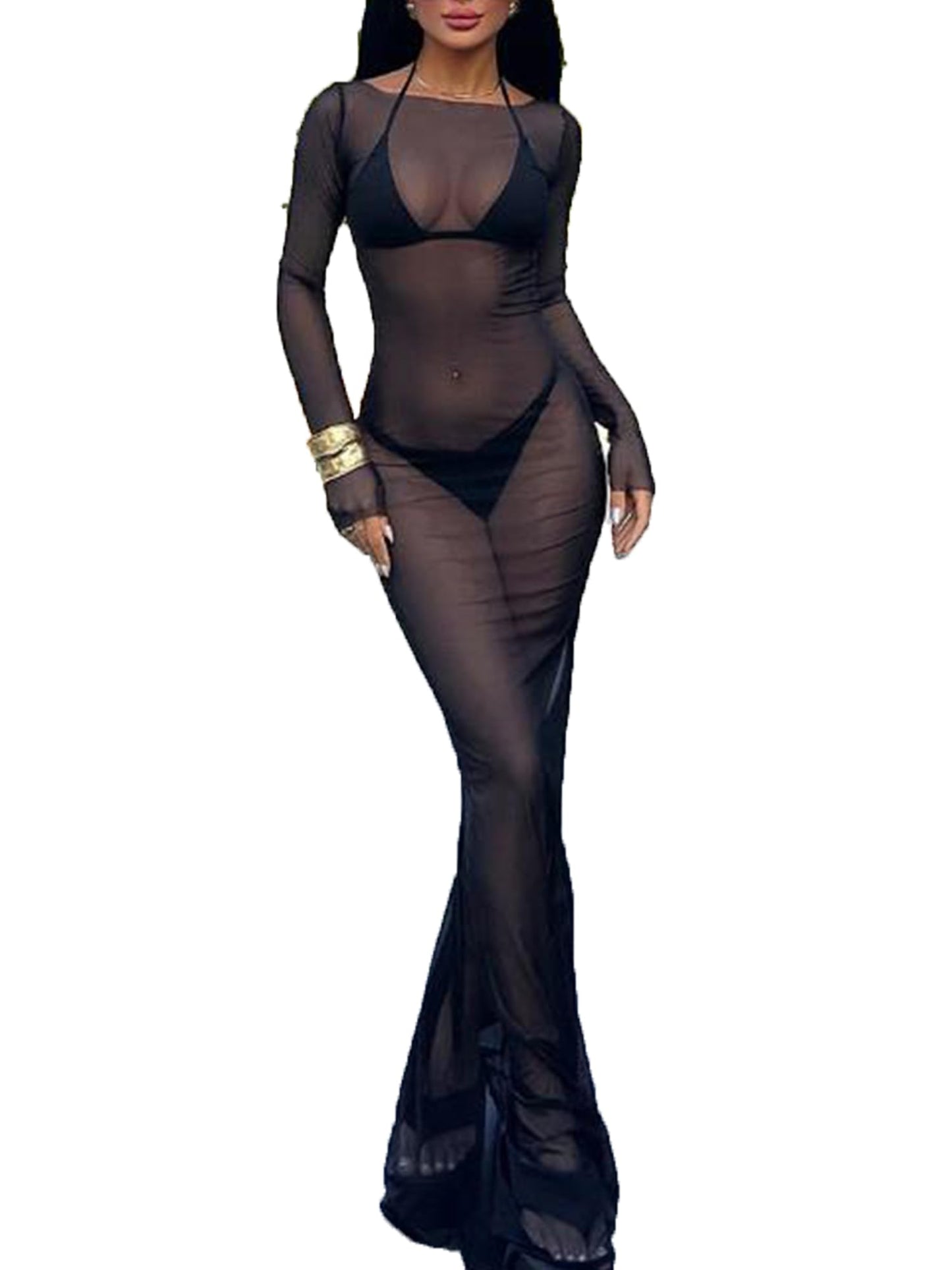 YILEEGOO Sexy Women's Sheer Mesh Pearl Rhinestone Cover Up Dress Beach Swimwear Bikini Bathing Suit Cover Ups