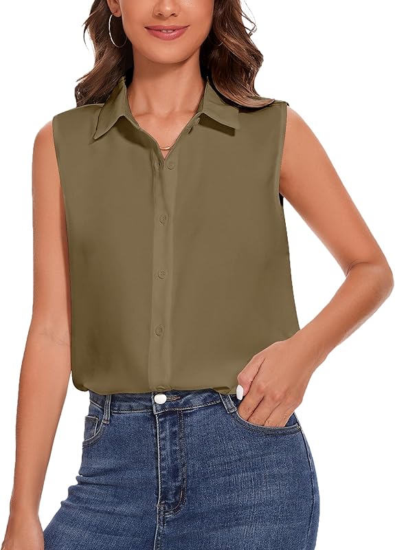 YAMANMAN Womens Sleeveless Button Down Shirt Classic Collared Blouse Basic Tank Tops Work Office Chiffon Tops