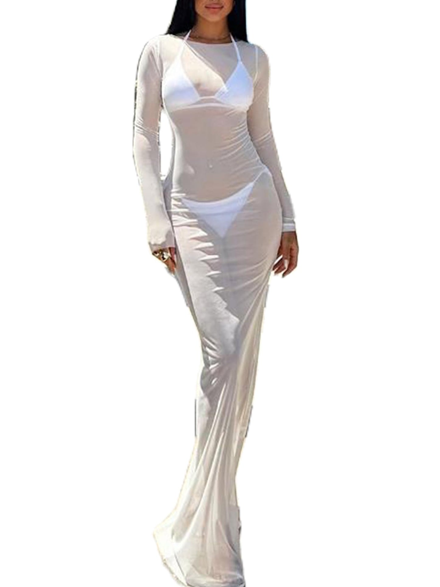 YILEEGOO Sexy Women's Sheer Mesh Pearl Rhinestone Cover Up Dress Beach Swimwear Bikini Bathing Suit Cover Ups