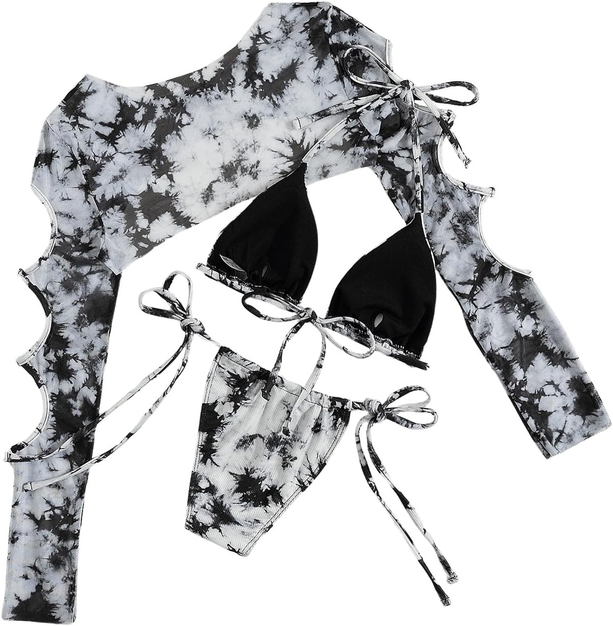 OYOANGLE Women's 3 Piece Tie Dye Triangle Bikini Tie Side Halter Swimsuit Monokin with Cut Out Cover Up